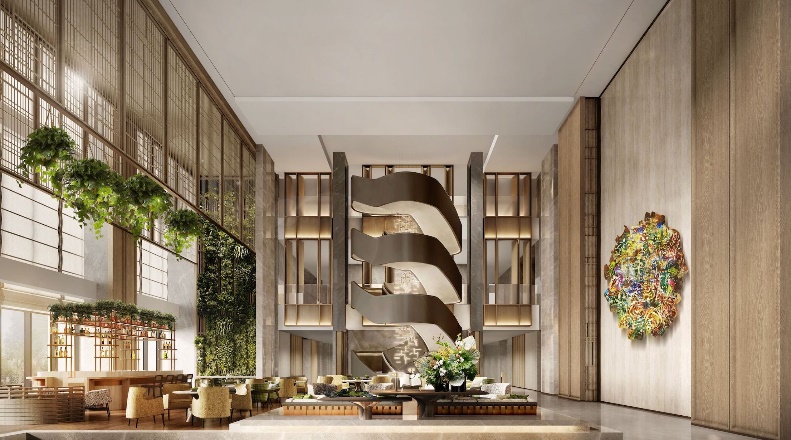 A room with a staircase and plants
AI-generated content may be incorrect.